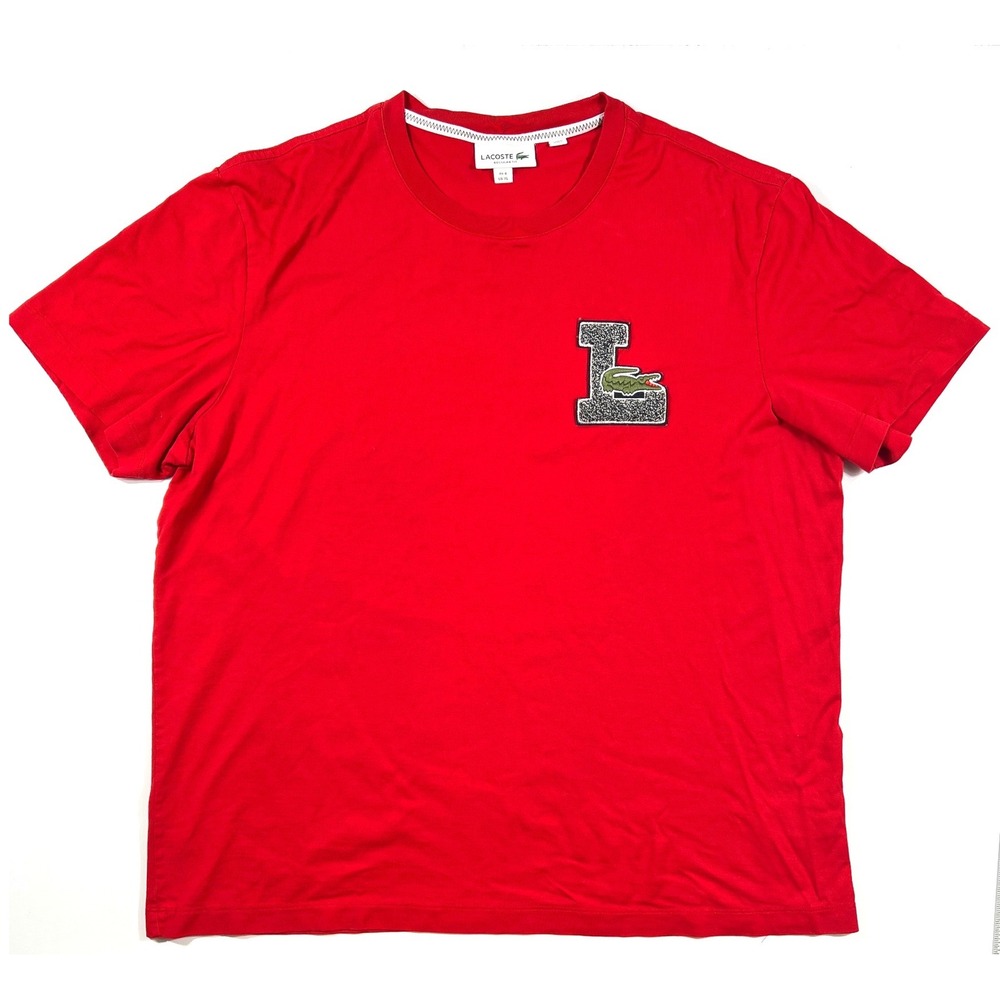Lacoste Mens Red Regular Fit Chenille Varsity L Logo Patch T-Shirt XL FR 6 GUC